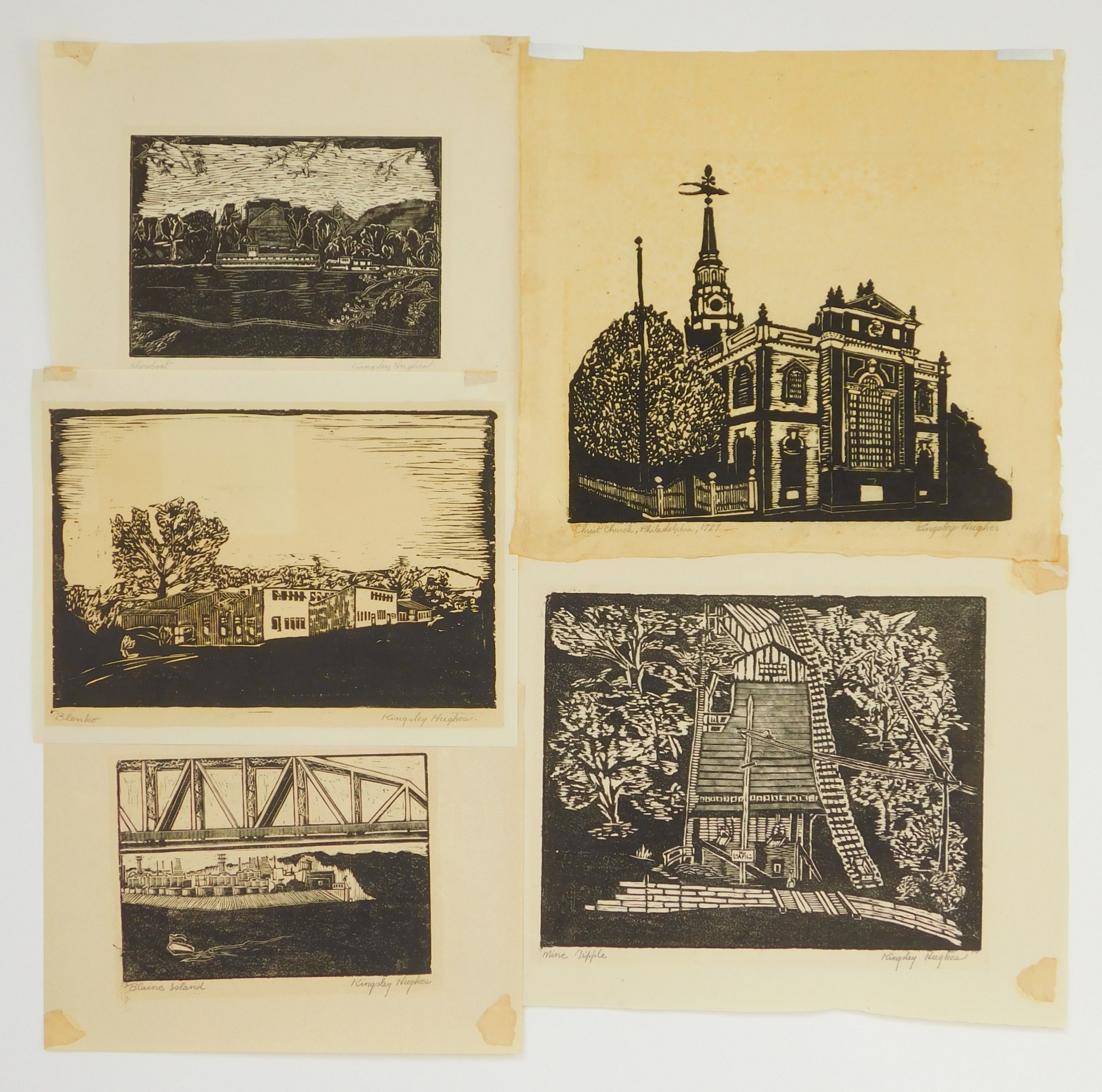 Artwork by Kingsley Hughes, ''Blaine Island''; ''Blenko''; ''Christ Church, Philadelphia 1727''; ''Mine Tipple''; ''Showboat', Made of woodcuts