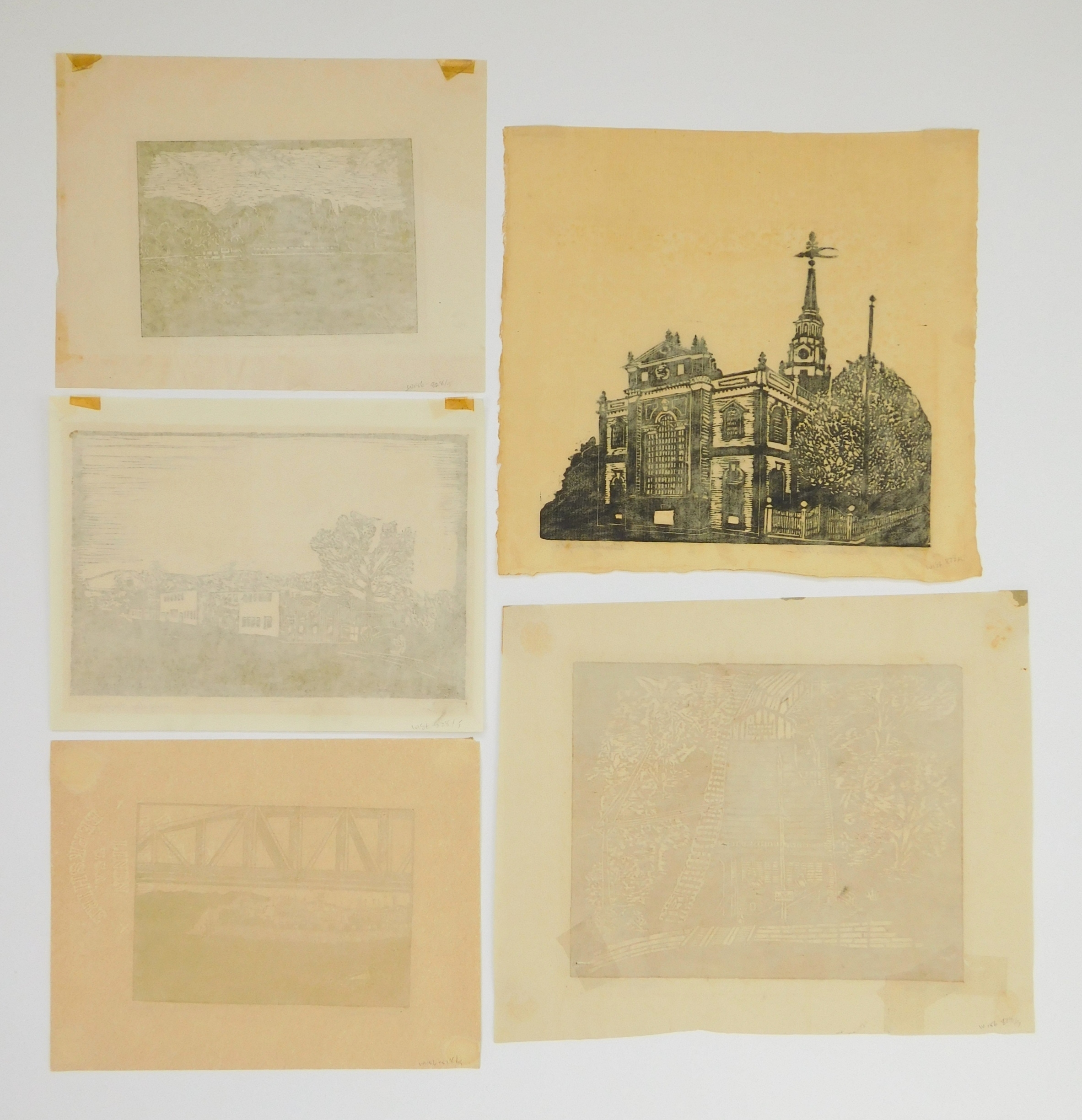 Artwork by Kingsley Hughes, ''Blaine Island''; ''Blenko''; ''Christ Church, Philadelphia 1727''; ''Mine Tipple''; ''Showboat', Made of woodcuts