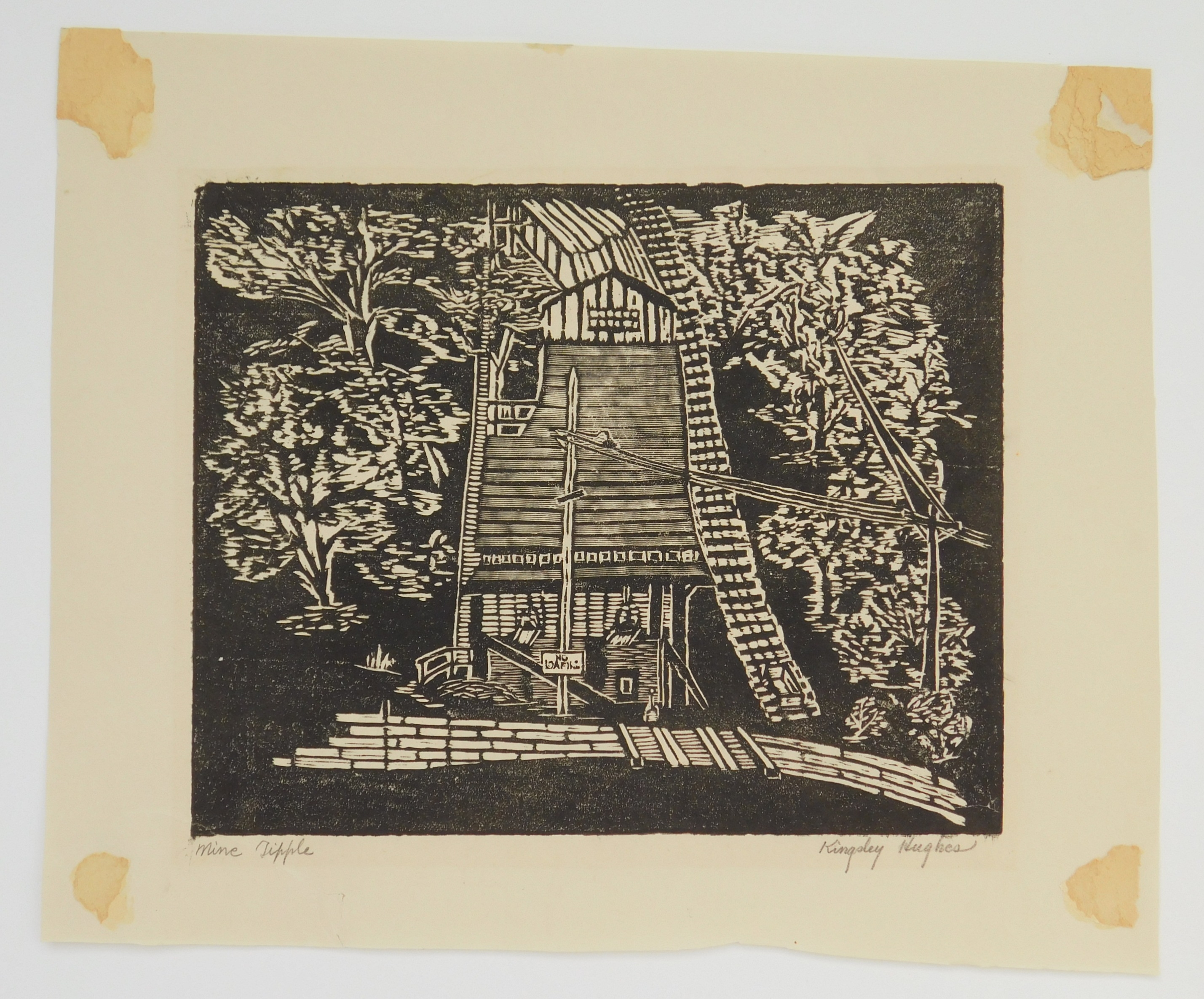 Artwork by Kingsley Hughes, ''Blaine Island''; ''Blenko''; ''Christ Church, Philadelphia 1727''; ''Mine Tipple''; ''Showboat', Made of woodcuts