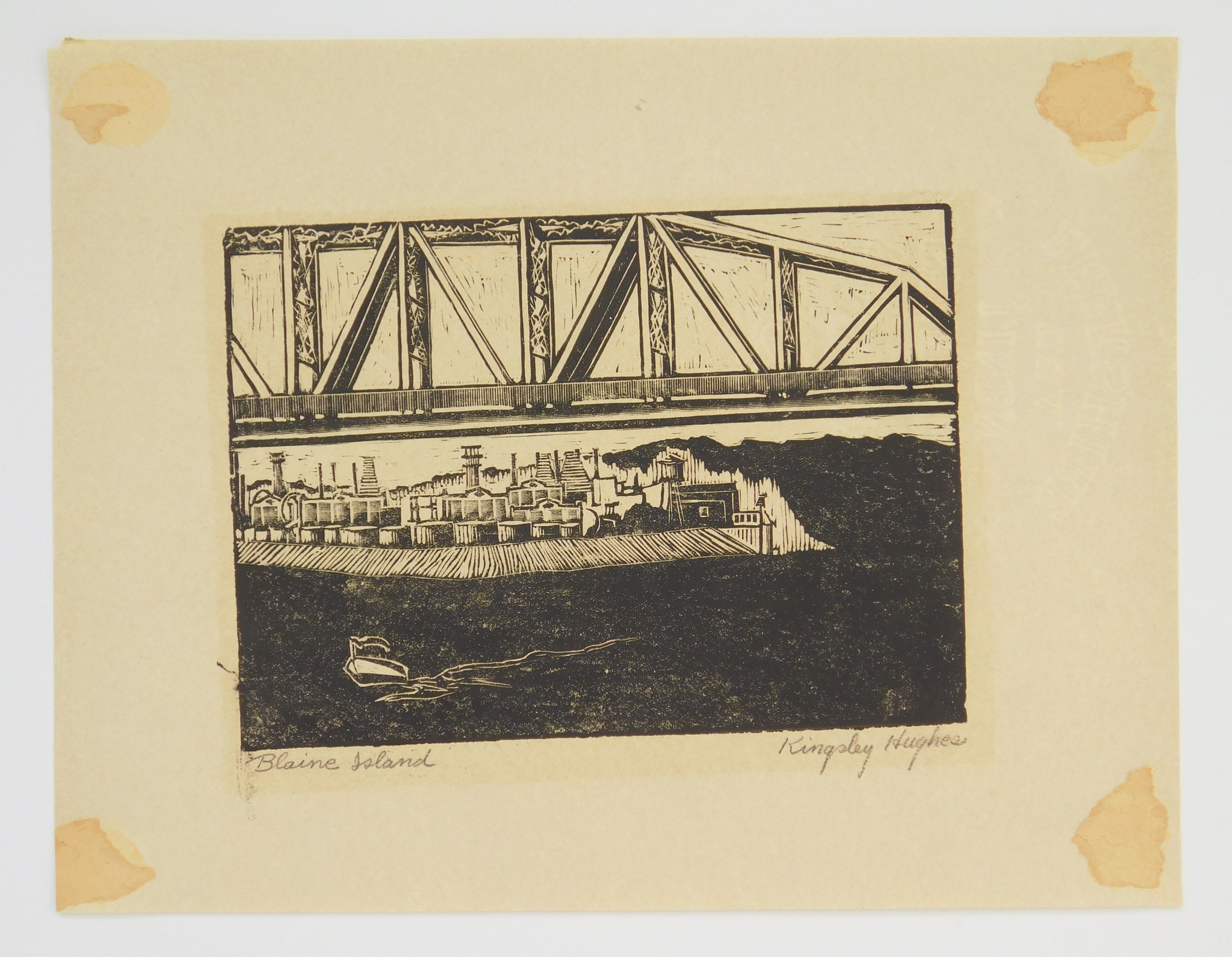 Artwork by Kingsley Hughes, ''Blaine Island''; ''Blenko''; ''Christ Church, Philadelphia 1727''; ''Mine Tipple''; ''Showboat', Made of woodcuts