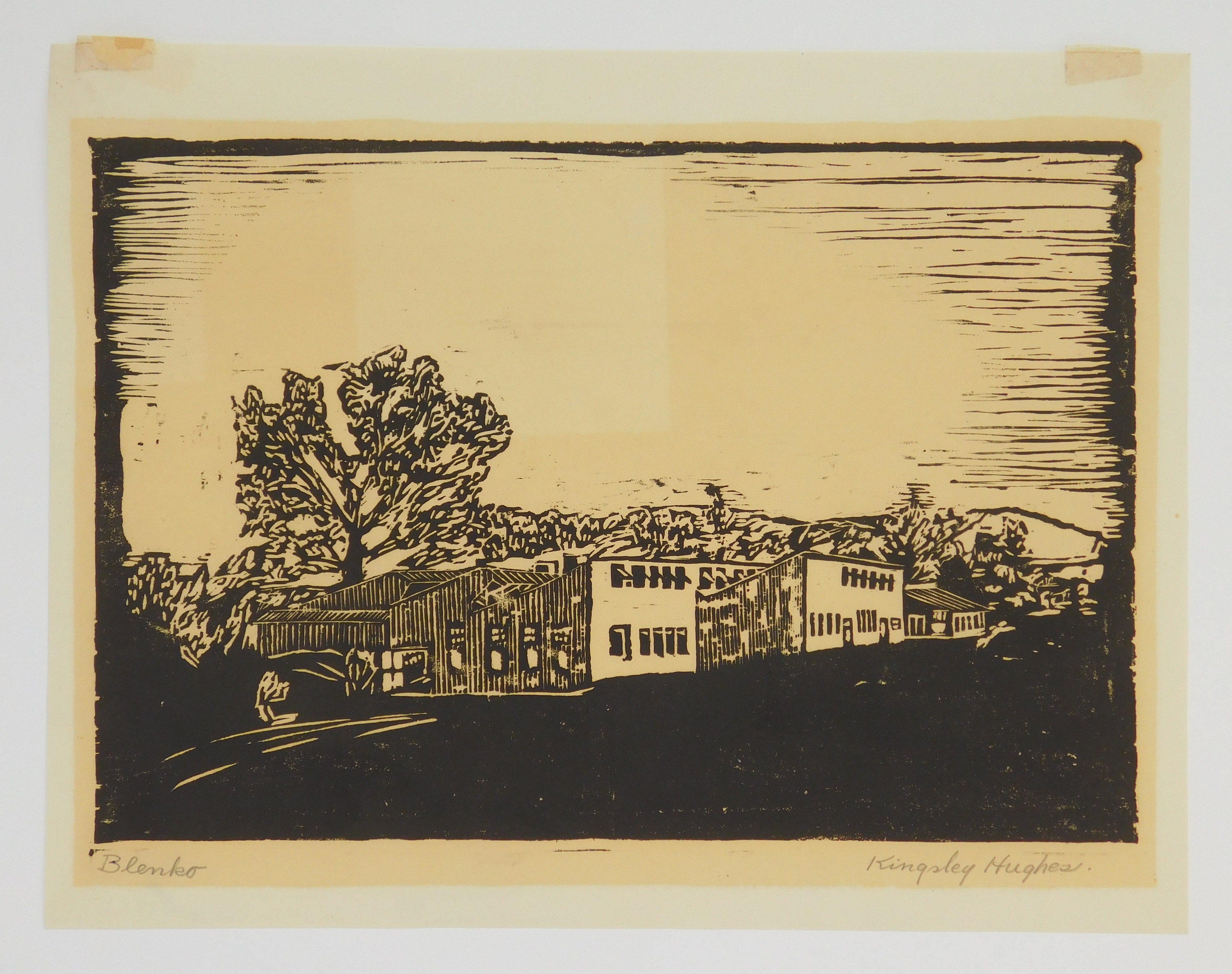 Artwork by Kingsley Hughes, ''Blaine Island''; ''Blenko''; ''Christ Church, Philadelphia 1727''; ''Mine Tipple''; ''Showboat', Made of woodcuts