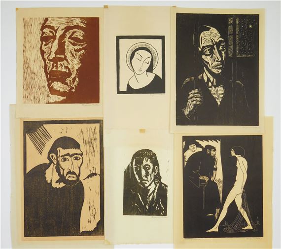 A collection of six woodcut prints featuring expressive portraits and figures in bold, high-contrast black and white.