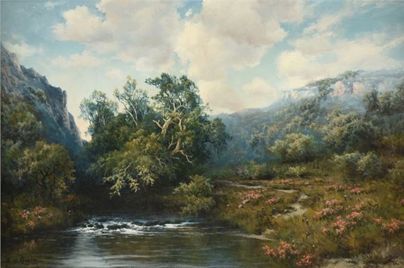 A.D. Greer | River Landscape with Red Wildflowers | MutualArt