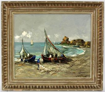 Fishermen with sailing boats on the rocky beach - Deljean