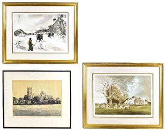 A collection of three framed landscape sketches depicting rural scenes with figures, a church, and a pastoral farm.