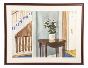 Watercolor of an interior scene of a potted rose on side table in hallway - Carol Brent Levin