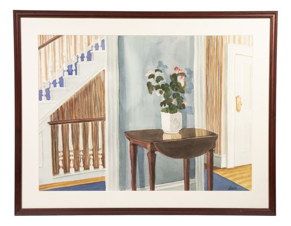 Watercolor of an interior scene of a potted rose on side table in hallway - Carol Brent Levin