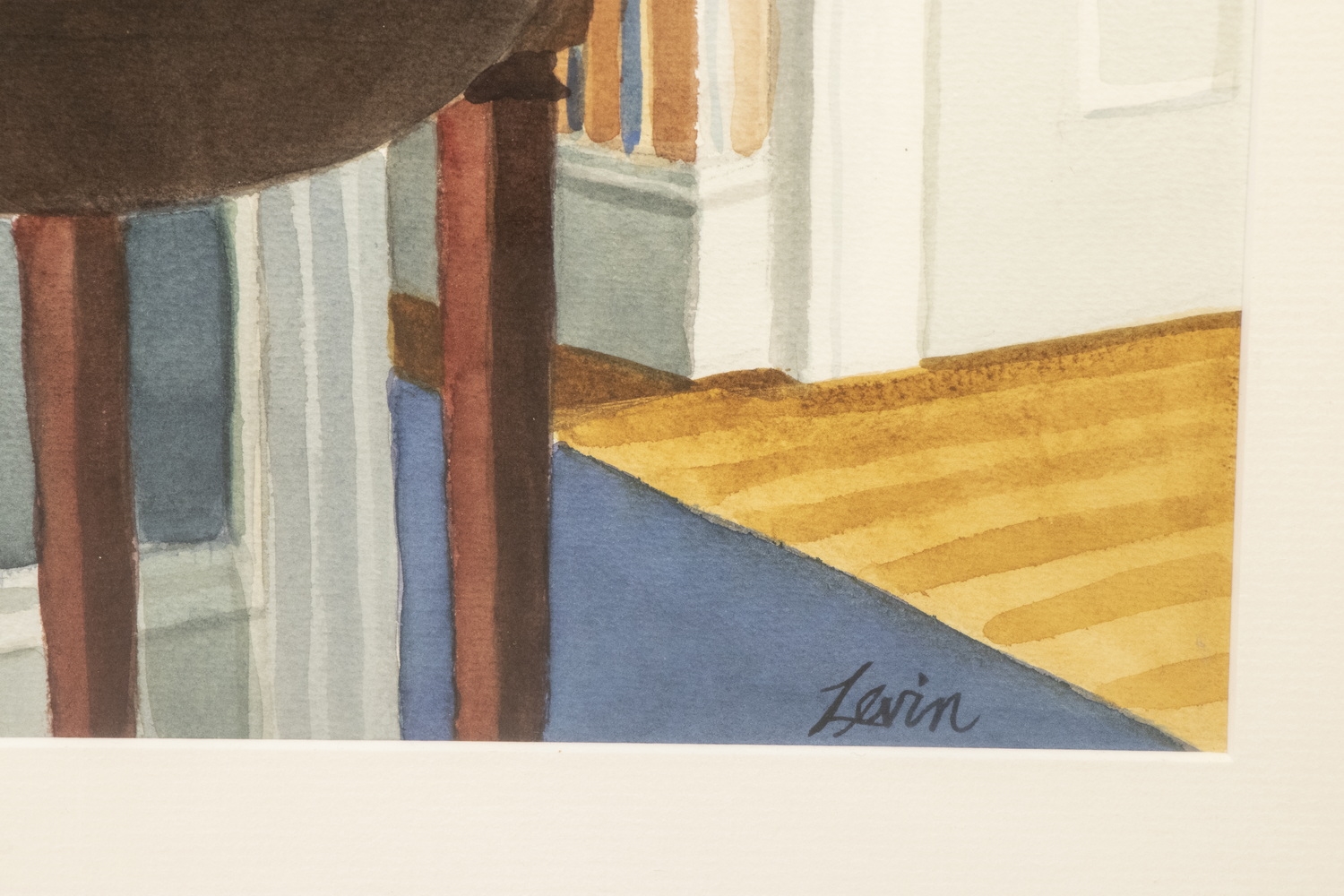 Artwork by Carol Brent Levin, Watercolor of an interior scene of a potted rose on side table in hallway, Made of red painted