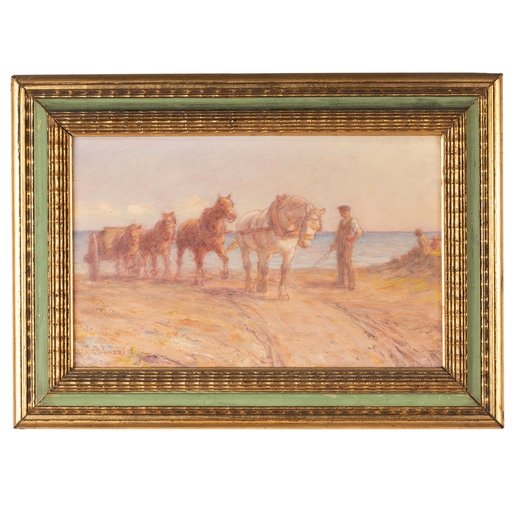 Artwork by Alessandro Viazzi, Cavalli sulla spiaggia, Made of Oil on the table