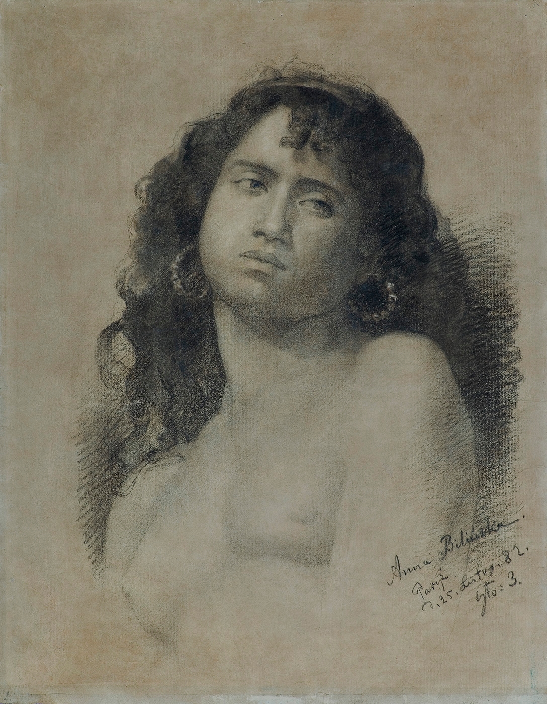 Artwork by Anna Bilinska, PORTRET MODELKI – CYGANKA, Made of black and white crayon, ribbed paper with monogram