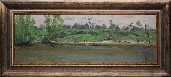 Landscape with a river and boats on the shore by Nikolai Mikhailovich Romadin, 1950s-1960s