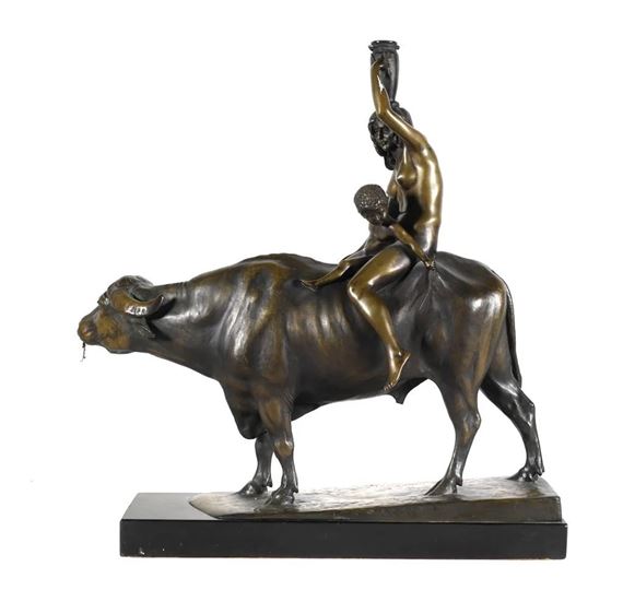 A water carrier & child on the back of a water buffalo by Rudolf Marcuse, Circa Early 20th Century