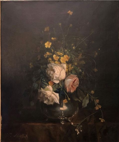 Bouquet of flowers in a pewter vase by Wilhem Démétrius Malbet