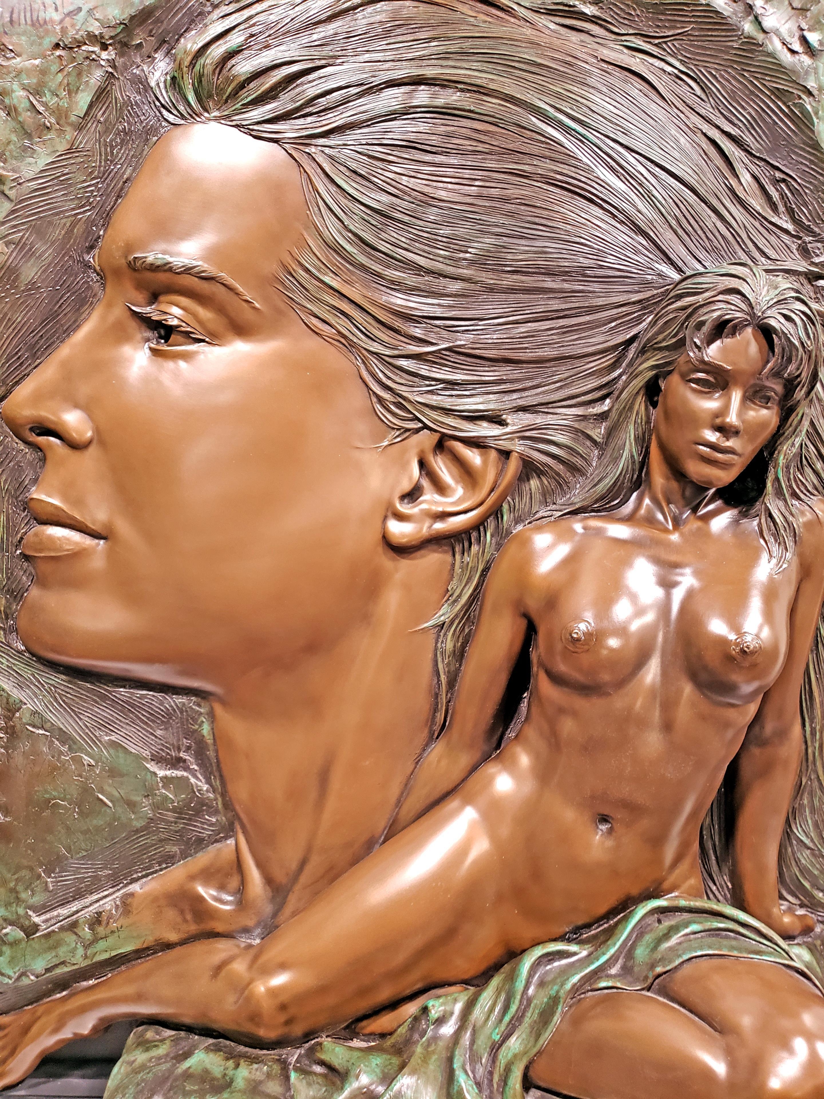Artwork by Bill Mack, Nude Woman Sitting Down With Side Cameo Profile., Made of Bronze