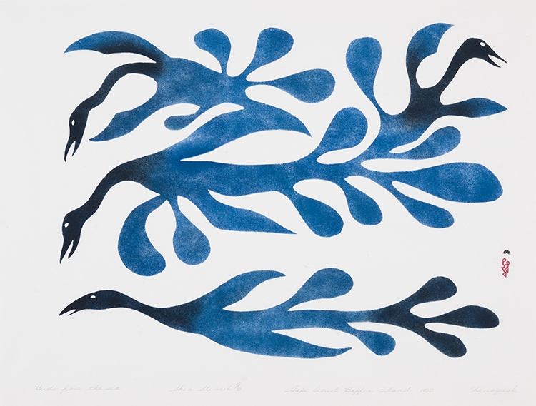 Artwork by Kenojuak Ashevak, Birds from the Sea, Made of sealskin stencil on paper