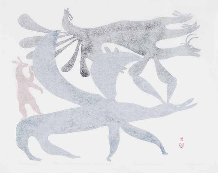 Artwork by Kenojuak Ashevak, Hare Spirits, Made of sealskin stencil on paper