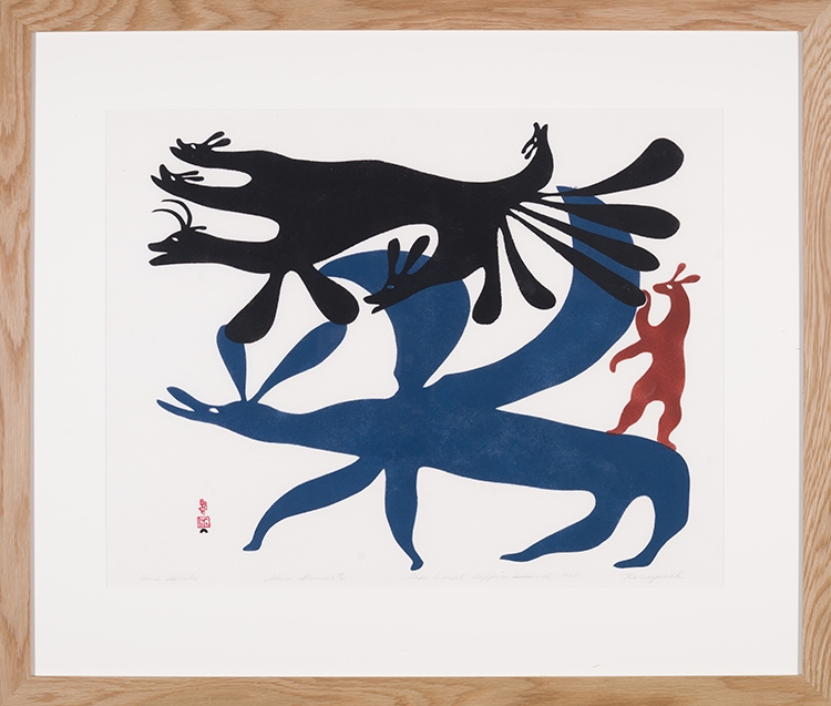 Artwork by Kenojuak Ashevak, Hare Spirits, Made of sealskin stencil on paper