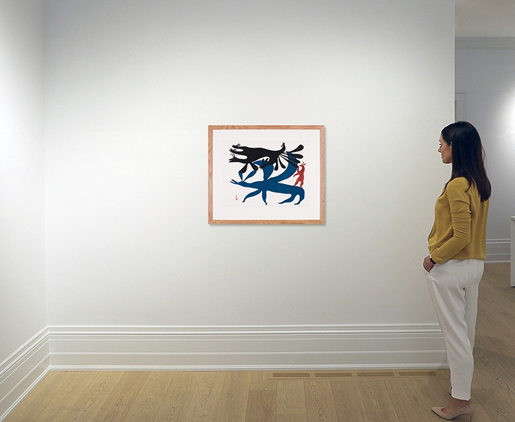 Artwork by Kenojuak Ashevak, Hare Spirits, Made of sealskin stencil on paper