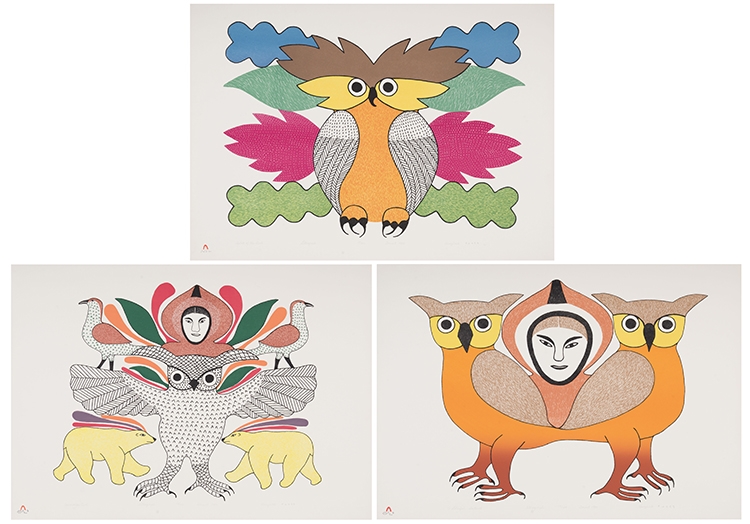 Artwork by Kenojuak Ashevak, Three Lithographs from the Theo Waddington Commissioned Portfolio 2, Made of 3 lithographs