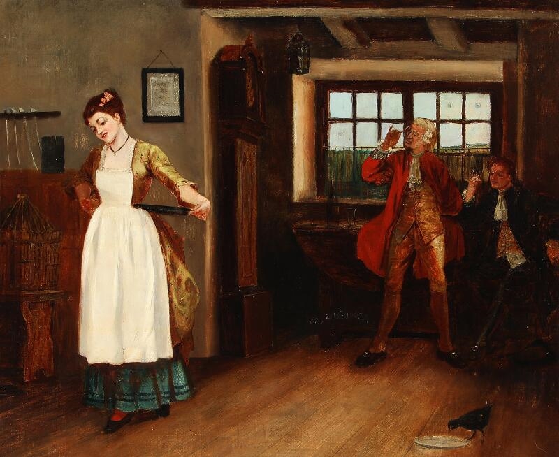 Artwork by English School, 19th Century, The young waitress at the inn, Made of Oil on canvas