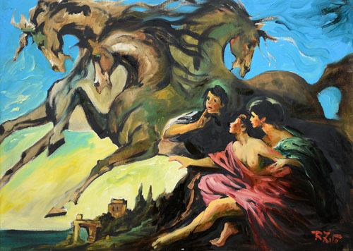 Cavalli e figure nel paesaggio by Rodolfo Zito, 1979