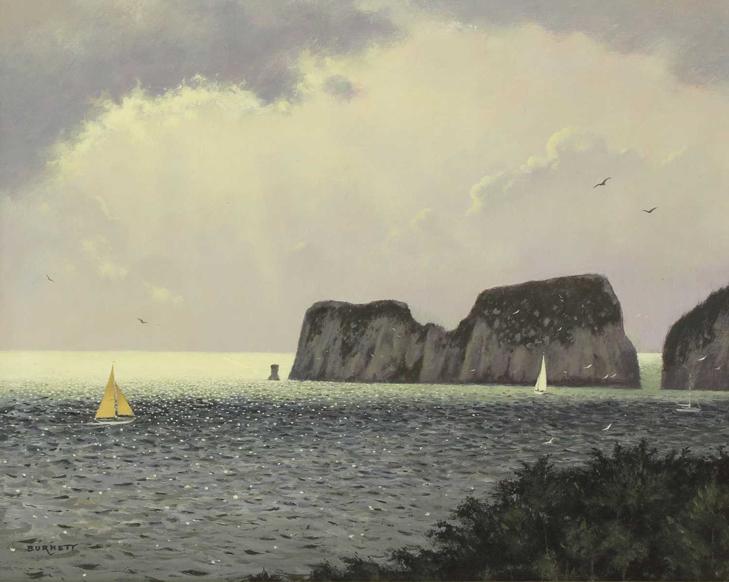 Artwork by Michael Burnett, Sailing boats offshore, Made of oil on board