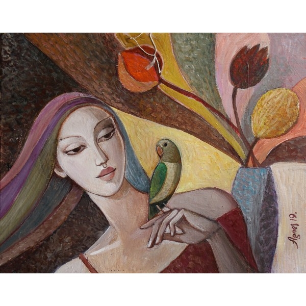 Artwork by Agnieszka Korczak-Ostrowska, DZIEWCZYNA Z PTAKIEM, Made of acrylic/ canvas