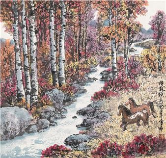 A vibrant autumn landscape featuring a birch forest, a winding stream, and two horses.