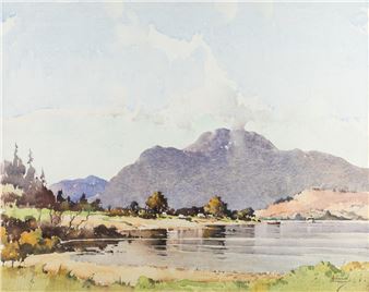 A watercolor landscape of a calm river with distant mountains and a castle-like structure on the left.