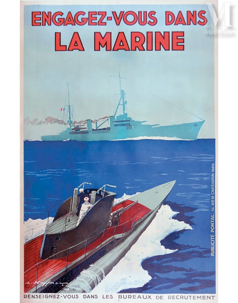 Artwork by L. Haffner, Engagez Vous Dans La Marine Sous Marin Roquin, Made of Vintage Poster on Linnen