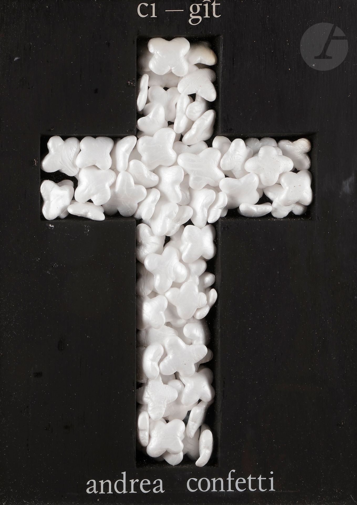 Artwork by André Chabot, Ci-gît Andrea Confetti, Made of box and polystyrene
