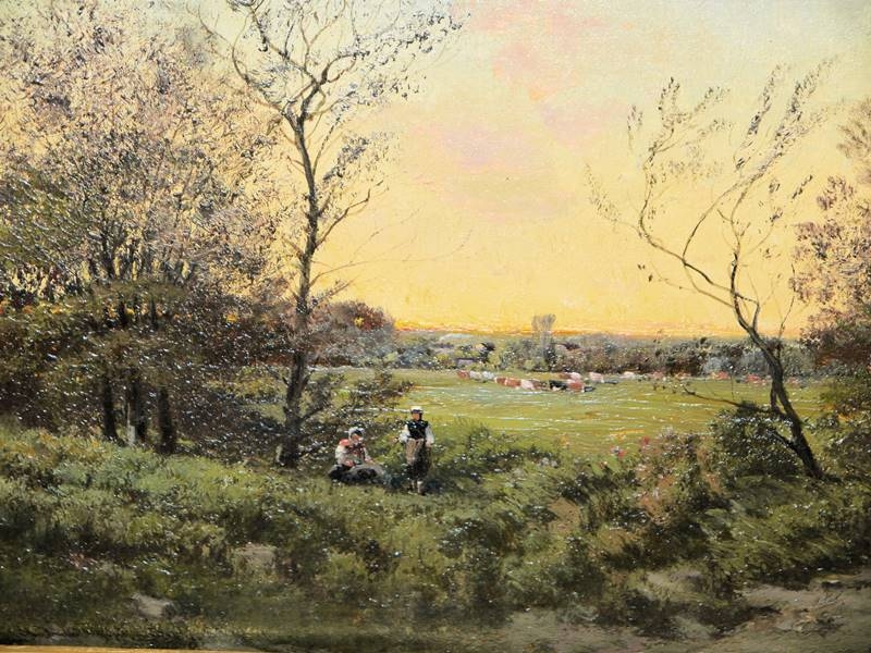 Artwork by H. Verdier, Pastorale Landschaft bei beginnender Dämmerung, Made of oil/wood panel