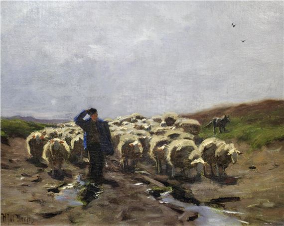 Herder met schaapskudde by Herman Johannes van der Weele