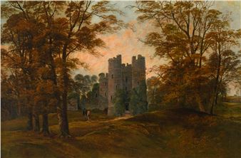 View of Donnington Castle with figures conversing on a path - Richard Allam