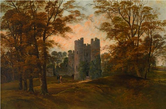 View of Donnington Castle with figures conversing on a path by Richard Allam