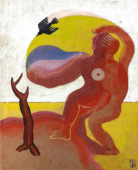 A surreal composition featuring a nude figure in red against a yellow background, holding a blue and purple orb with a black bird above.
