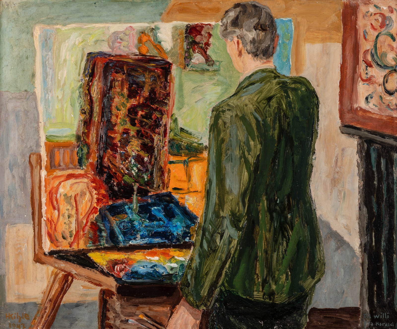 Maleren Willy Midelfart ved staffeliet by Harald Kihle, 1947