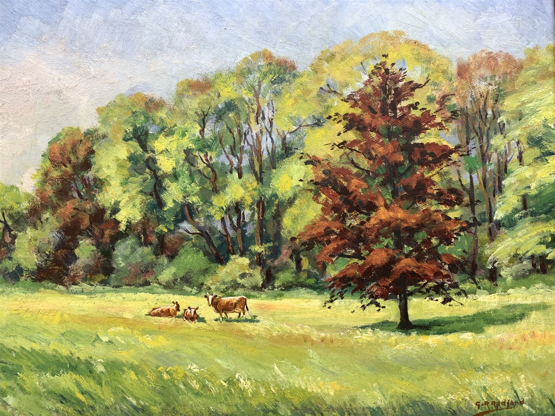 Artwork by Gordon Radford, Meadow with Cows Resting, Made of oil on board