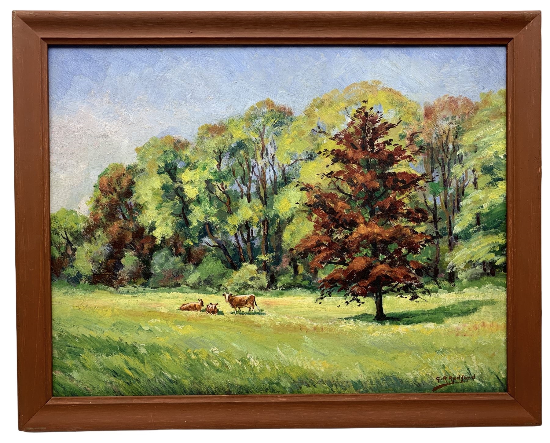 Artwork by Gordon Radford, Meadow with Cows Resting, Made of oil on board