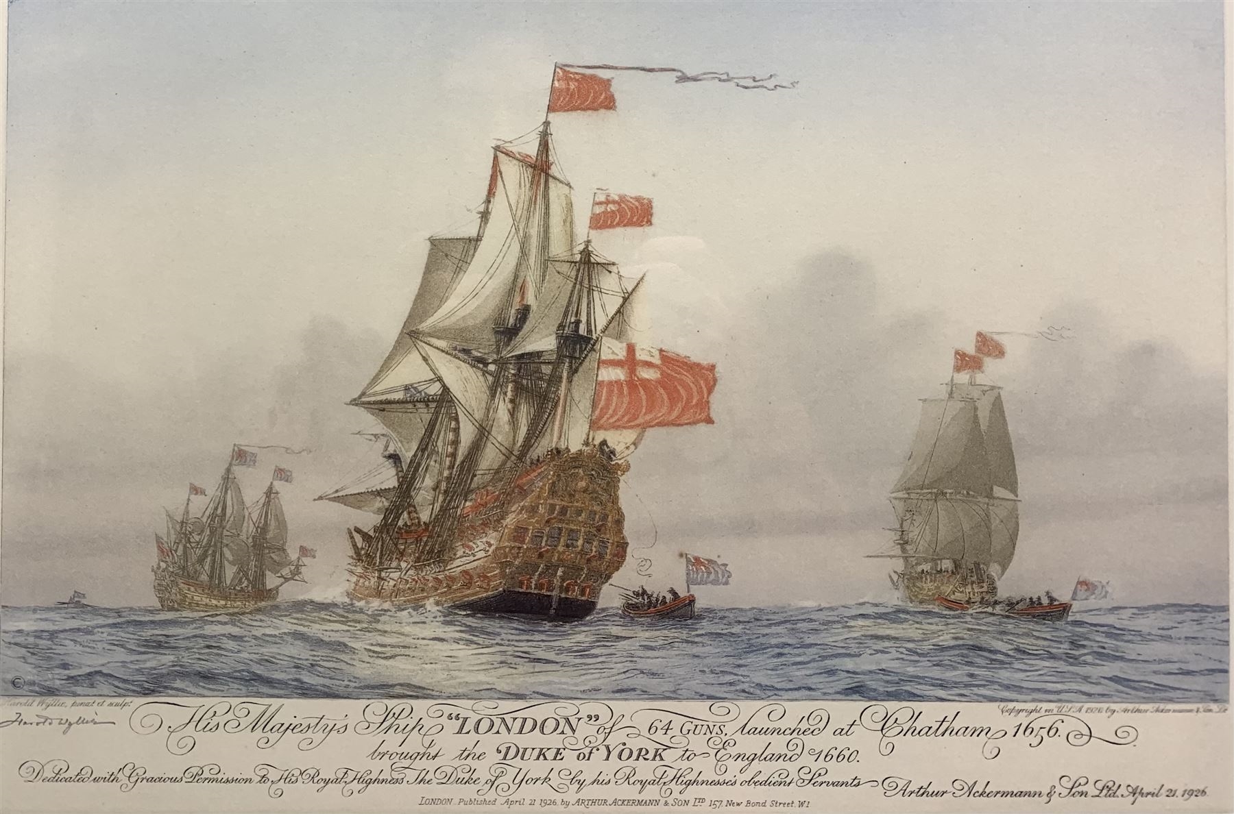 Artwork by Harold Wyllie, Royal Sovereign' and 'London, Made of aquatints with hand colouring