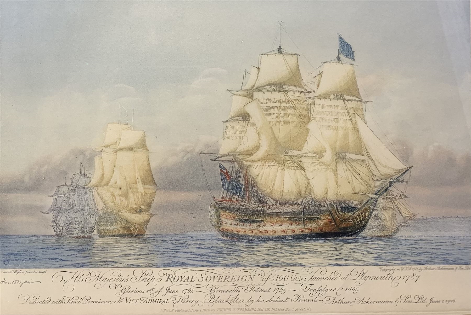 Artwork by Harold Wyllie, Royal Sovereign' and 'London, Made of aquatints with hand colouring