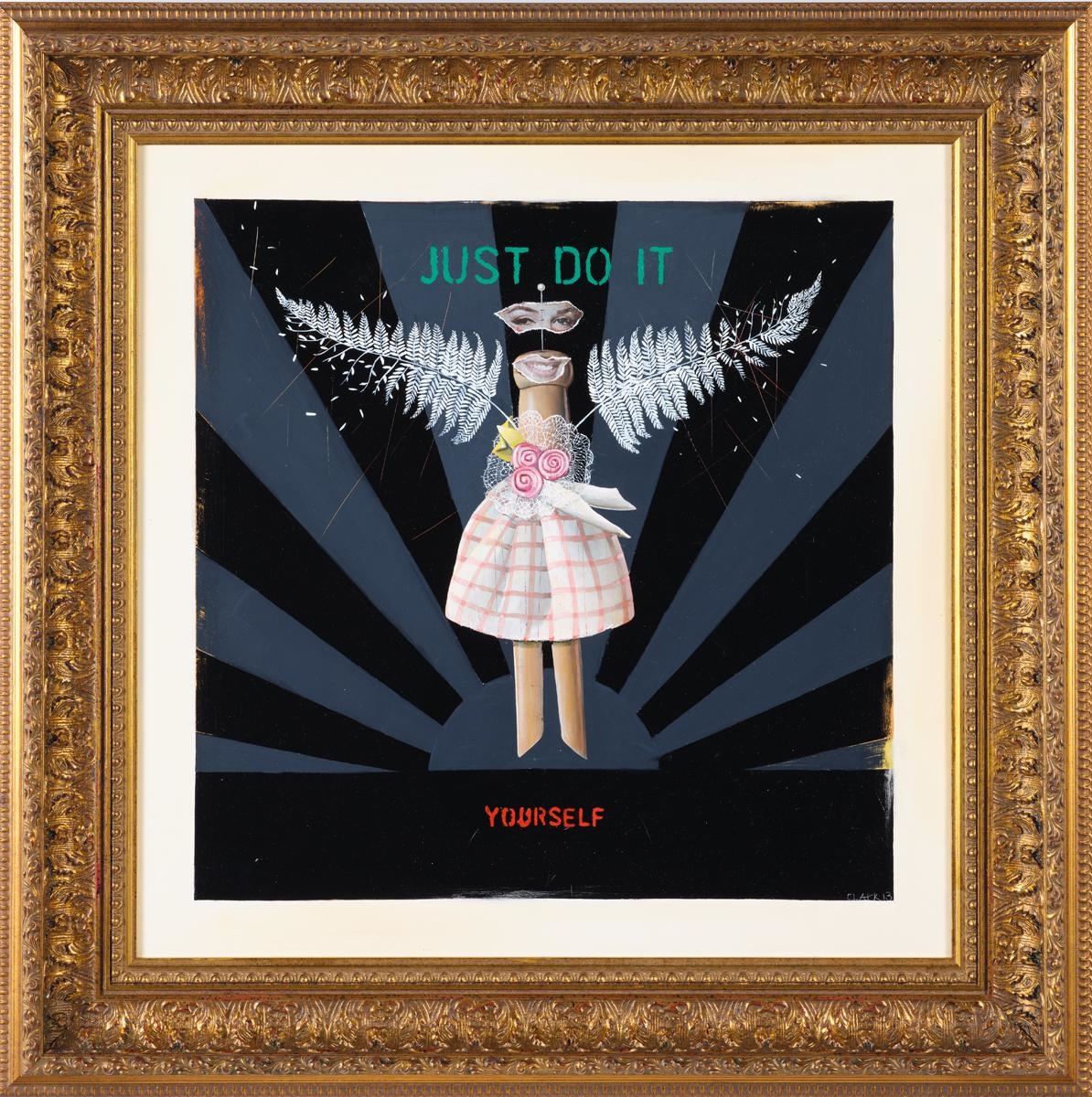 Artwork by Simon Clark, Just Do It Yourself, Made of oil and gold leaf on board