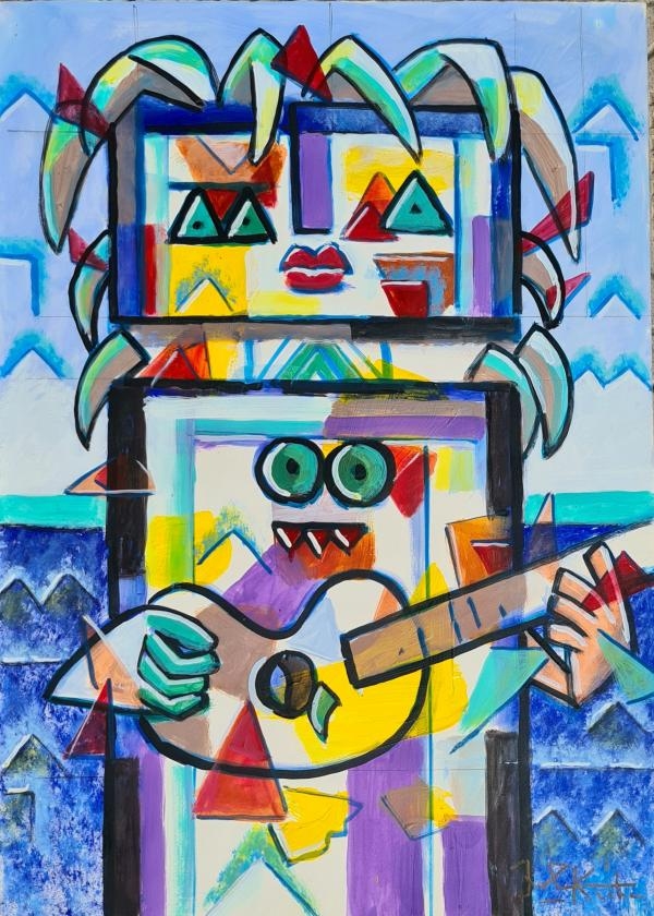 Artwork by Ibrahim Kodra, " Totem con chitarra ", Made of Mixed media on cardboard