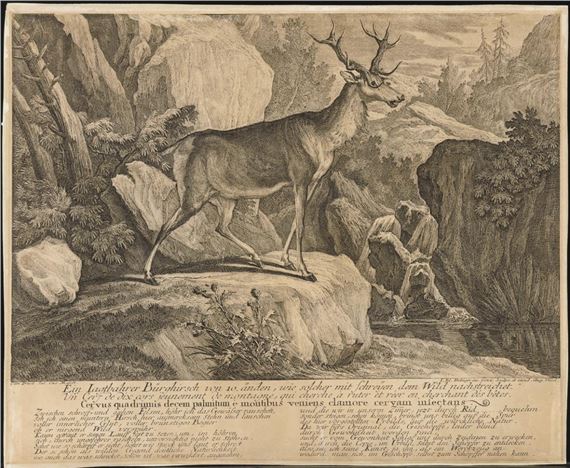3 works with depictions of stags by Johann Elias Ridinger