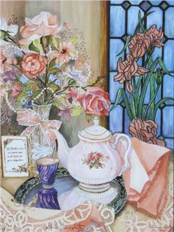 Interior Still Life Scene w/ Teapot & Flowers - Shirley Daugherty