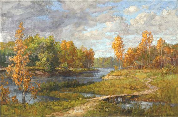 Fall Landscape with a Footbridge Across the Stream by Yeghishe Martirosi Tadevosyan, dated 1917