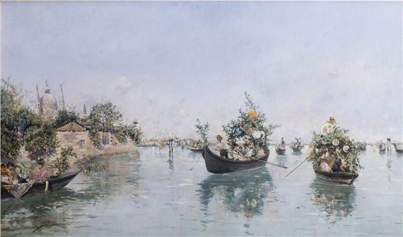 A serene water scene featuring gondolas carrying floral arrangements under a soft, hazy sky.