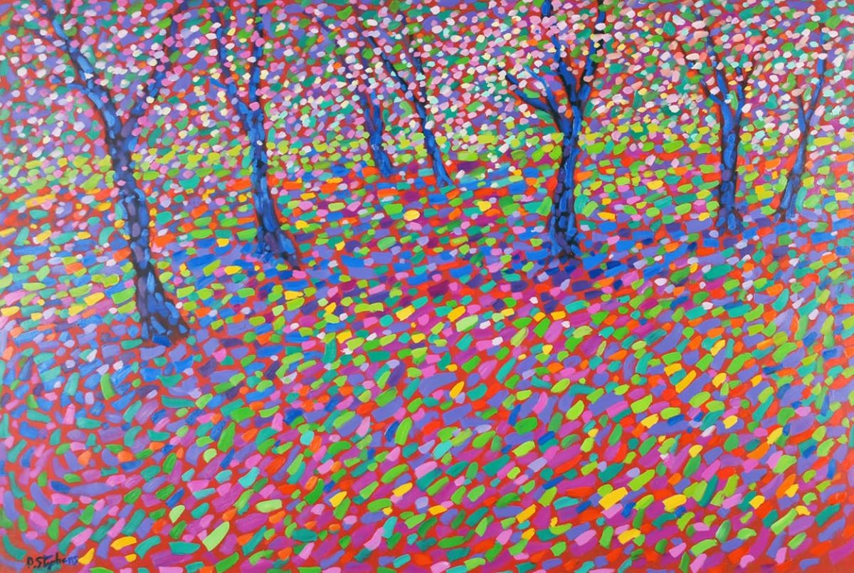 Artwork by Paul Stephens, Apple Orchard Blossom, Made of Oil on Board