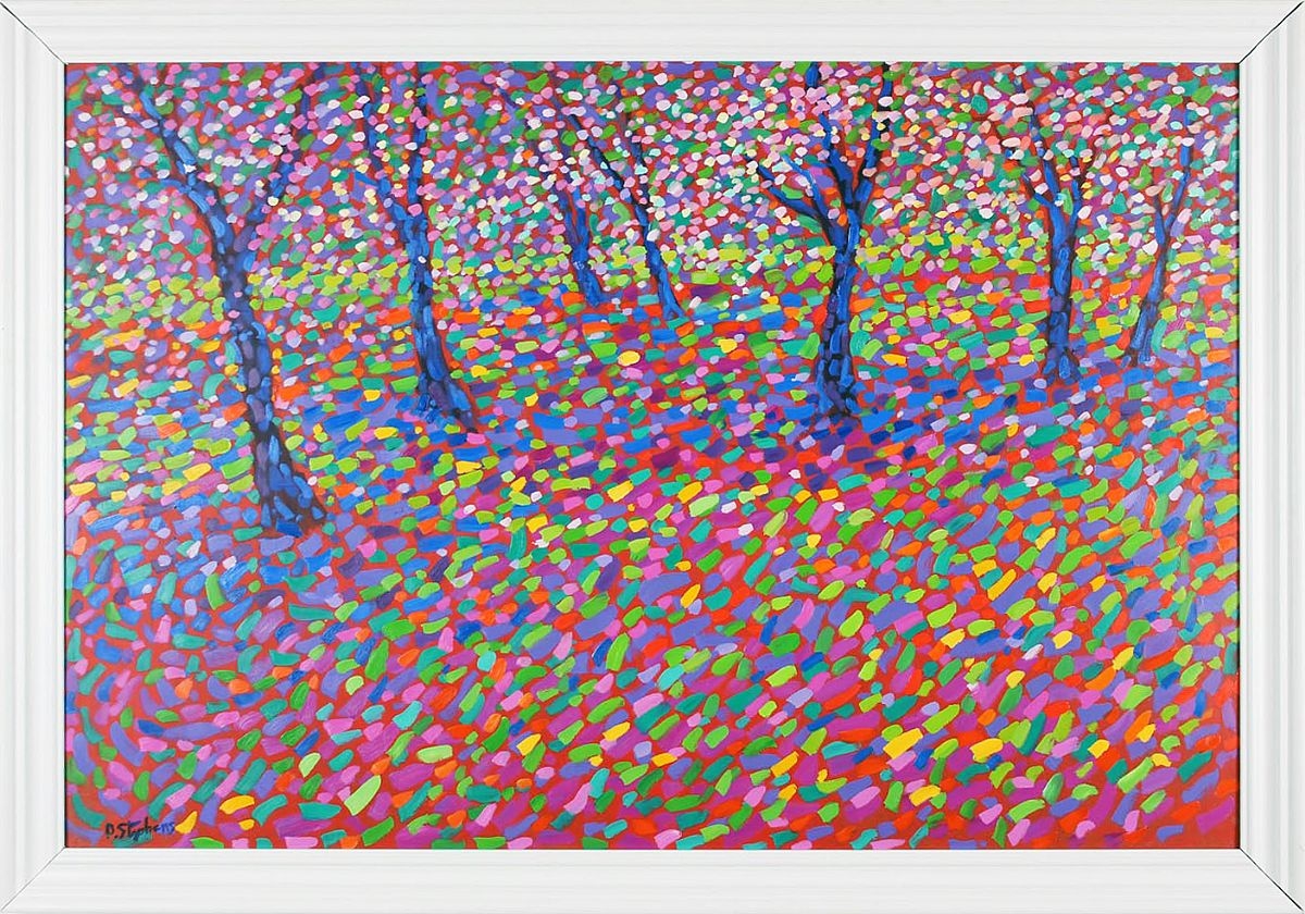 Artwork by Paul Stephens, Apple Orchard Blossom, Made of Oil on Board