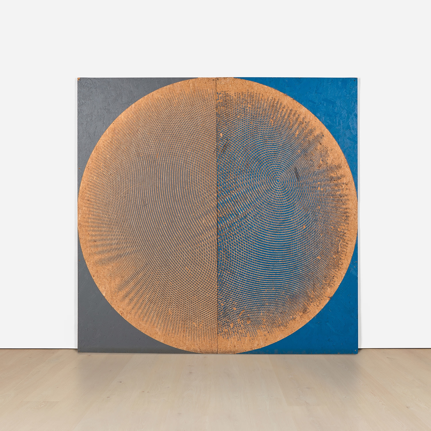 Artwork by Michael DeLucia, Sphere (Grey, Blue), Made of construction enamel on OSB, in 2 parts